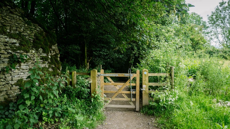 Accessible gate on a path running through green grass and fields.